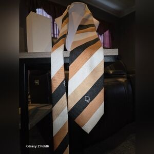VINTAGE Christian Dior Men's Cream Camel and Blue Striped Neck Tie